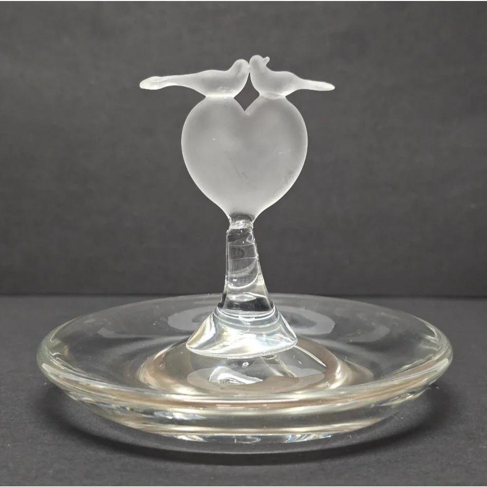 Vintage Crystal Jewelry Trinket Dish Frosted Heart and Doves Romantic Love